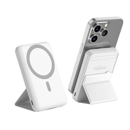 Podoru MAC Set Peu Bojo Pear Teori PD 22.5 W Gosok Charging 10000 mAh Large Size Wireless Apon Bojobeteori Portable Stand , White (Podoru 맥세이프 보조배터리 PD22.5W 고속충전 10000mAh 대용량 무선 아이폰 보조베터리 휴대용 거치대, 화이트)