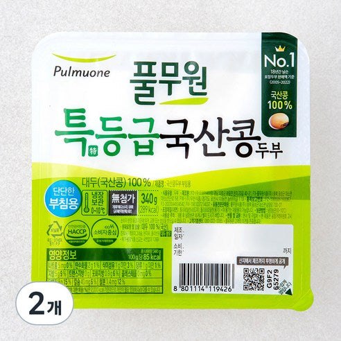 Pulmuone Teuk Grade Domestic Kong Tofu Firm Buchimyong , 2 Pack , 340 g (풀무원 특등급 국산콩 두부 단단한 부침용, 2개, 340g)