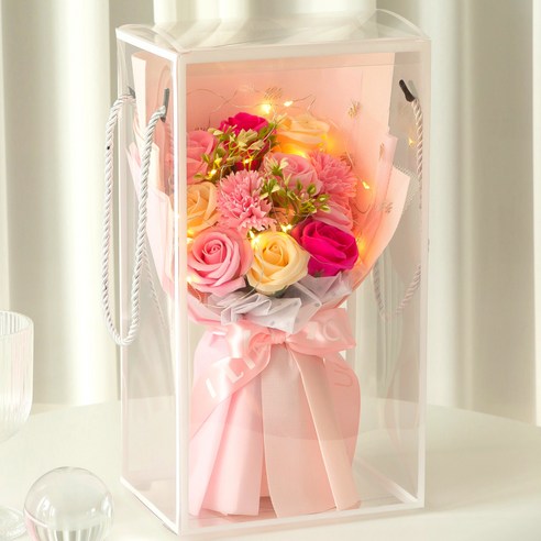 Areuttikol Johwa Rose Kasyeon LED Ginyeom Kkotdabal , Pink , 1 Pack (아르띠콜로 조화 장미 카네이션 LED 기념일 꽃다발, 핑크, 1개)