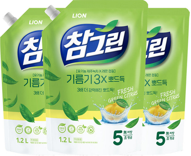 Cham Green Lemon Green Tea Ppodeudeuk Eodeubaenseu Jubang Set Je Ripil , 1.2 L, 3 Pack (참 뽀드득 어드밴스 주방 제 리필)