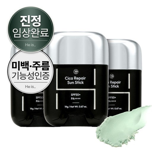 Hijeu Sika Ripeeo Seon Stick Gireum Types Pposong Jinjeong Jaoeseon Chadan Gineungseong SPF 50+ PA++++, 3 Pack , 19 g (히즈 시카 리페어 선 기름 뽀송 진정 자외선 차단 기능성)