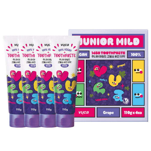 Byuka Junieo Madeu Gobulso Guchwikeeo Bigeon Kids Chiyak Grape Scent , 110 g, 4 Pack (뷰카 주니어 마드 고불소 구취케어 비건 치약)