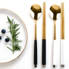 Peurenchibeulrang 2 In Cutlery Set , Black Gold + White Gold , Black ( Spoon + Chopsticks ) + White ( Spoon + Chopsticks ), 1 Set (프렌치블랑 2인 수저세트, 블랙골드 + 화이트골드, 블랙(숟가락 + 젓가락) + 화이트(숟가락 + 젓가락), 1세트)