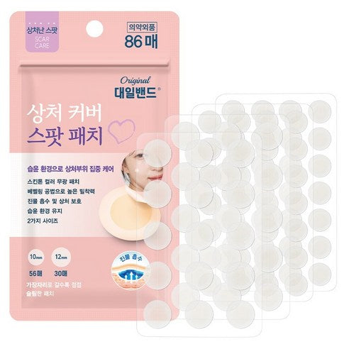 Daebaendeu Sangcheokeobeo Spot Paechi 10 mm 56 p + 12 mm 30 p Set , 8 6 Pack , 1 Set (대일밴드 상처커버 스팟패치 10mm 56p + 12mm 30p 세트, 86개입, 1세트)